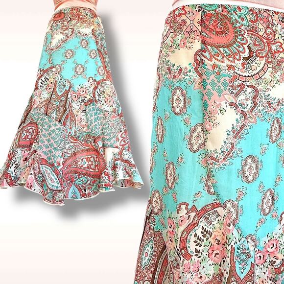Y2K Teal Green Paisley Boho Skirt Asym Hem Rayon Elastic Waist Size M - Picture 5 of 8